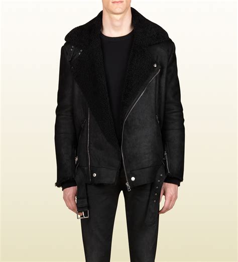 gucci shearling trench coat|Gucci black denim jacket.